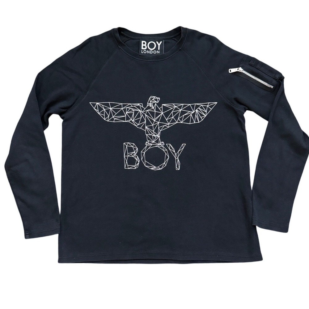 Boy London Mens Black Geometric Eagle Graphic Zipper Sleeve Sweatshirt Small